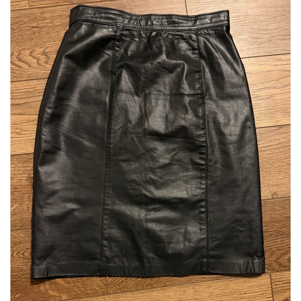 Vintage COMINT Argentina Black Genuine Leather Pencil Skirt Button Back Lined